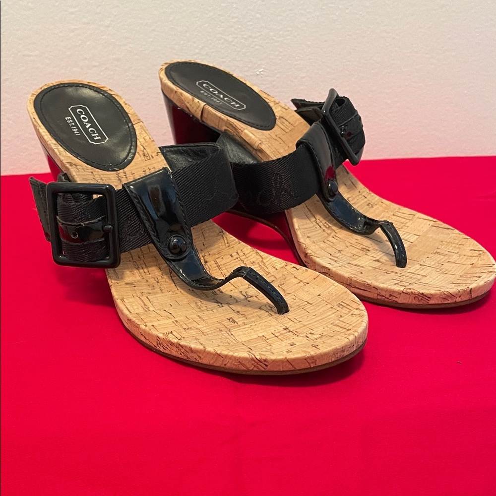 Coach Black Patent Cork Sandals